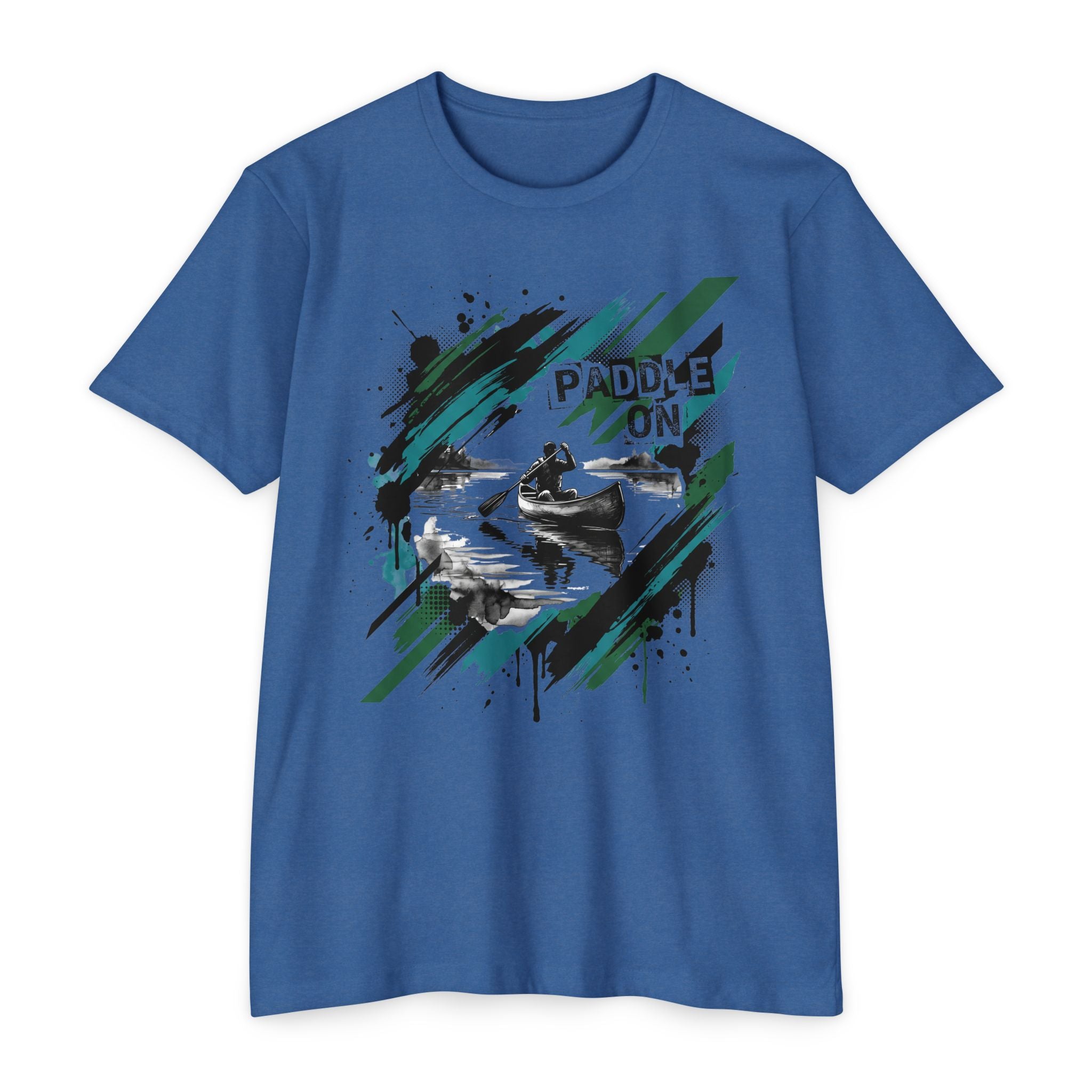 Blue T-shirt with front kayaking graphic reading “PADDLE ON”