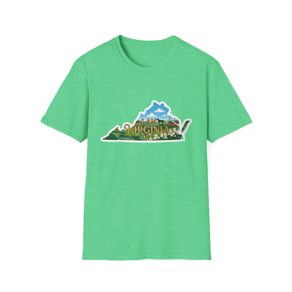 Heather Irish Green t-shirt with “I AM VIRGINIA” scenic state outline graphic