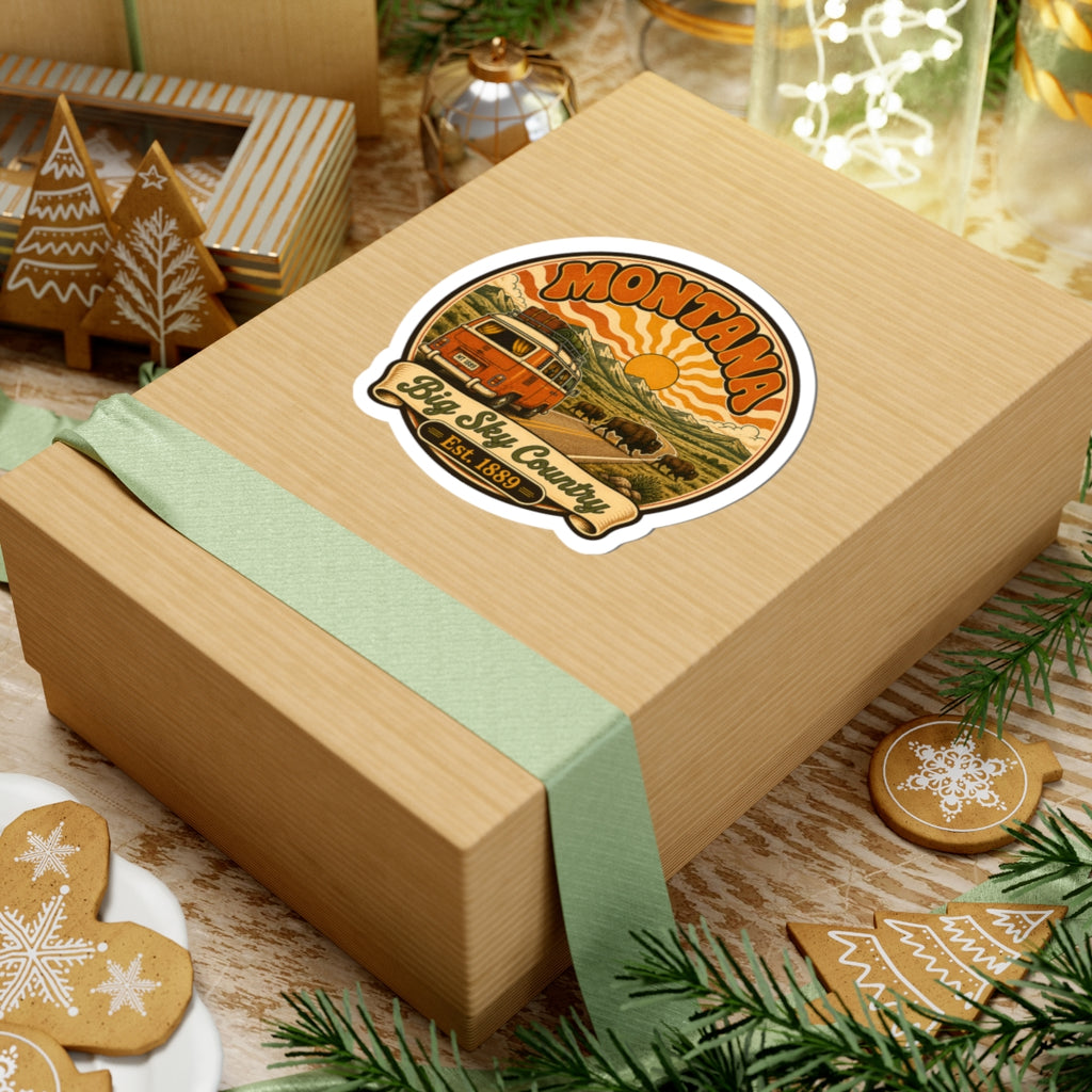 Round outdoor sticker: orange camper, buffalo silhouettes, retro sunset, 'Est. 1889' badge