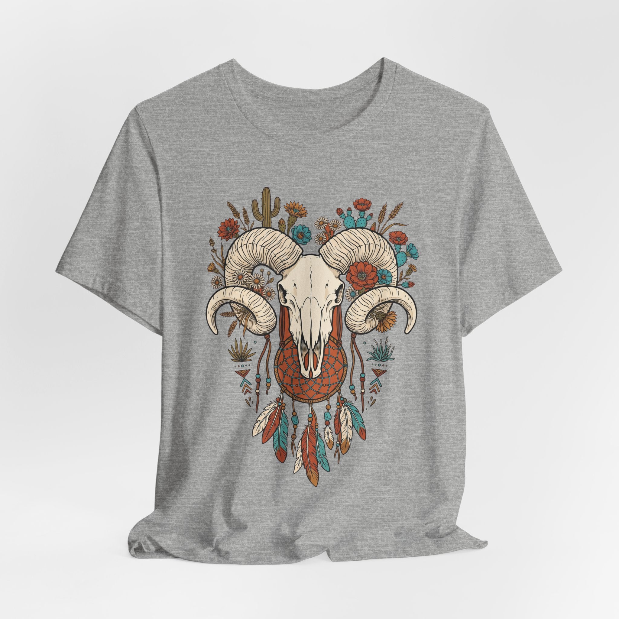 Athletic Heather T-Shirt mit Widderkopf, Hörnern und Blumen-Feder-Design im Kranz