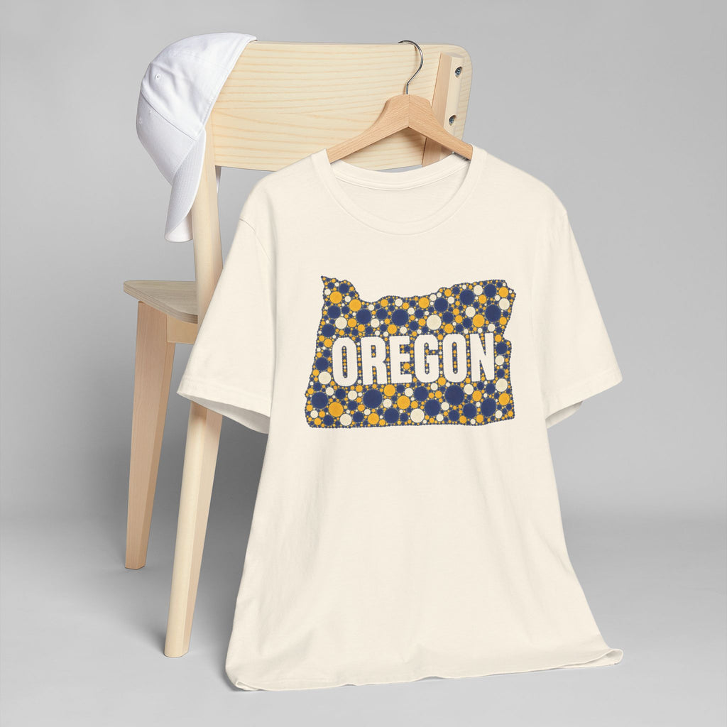 Cream short-sleeve T-shirt with Oregon polka dot graphic front