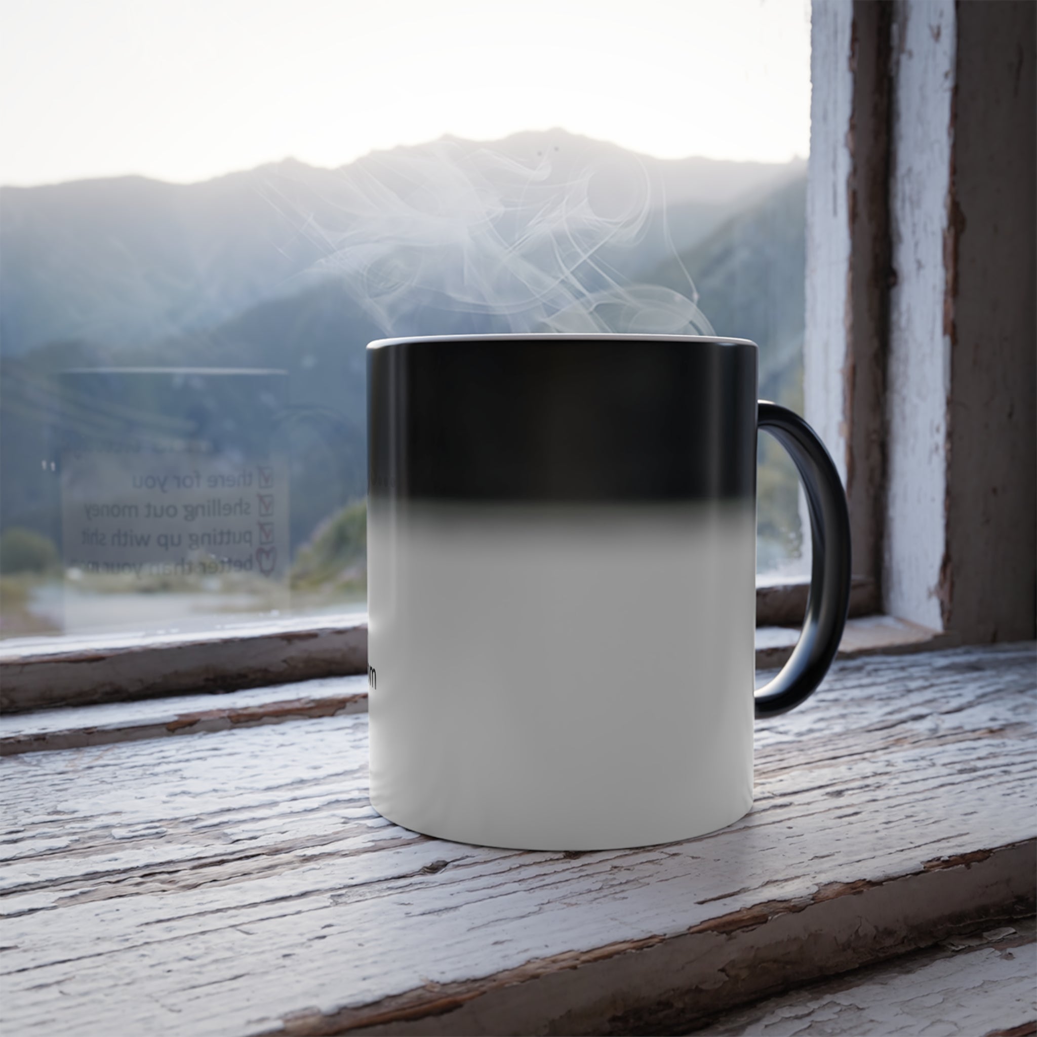 My Mom Checklist color morphing mug, dark exterior with lighter base, black handle