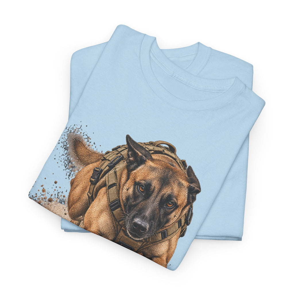 Light blue tactical working dog graphic T-shirt with Belgian Malinois face and headset