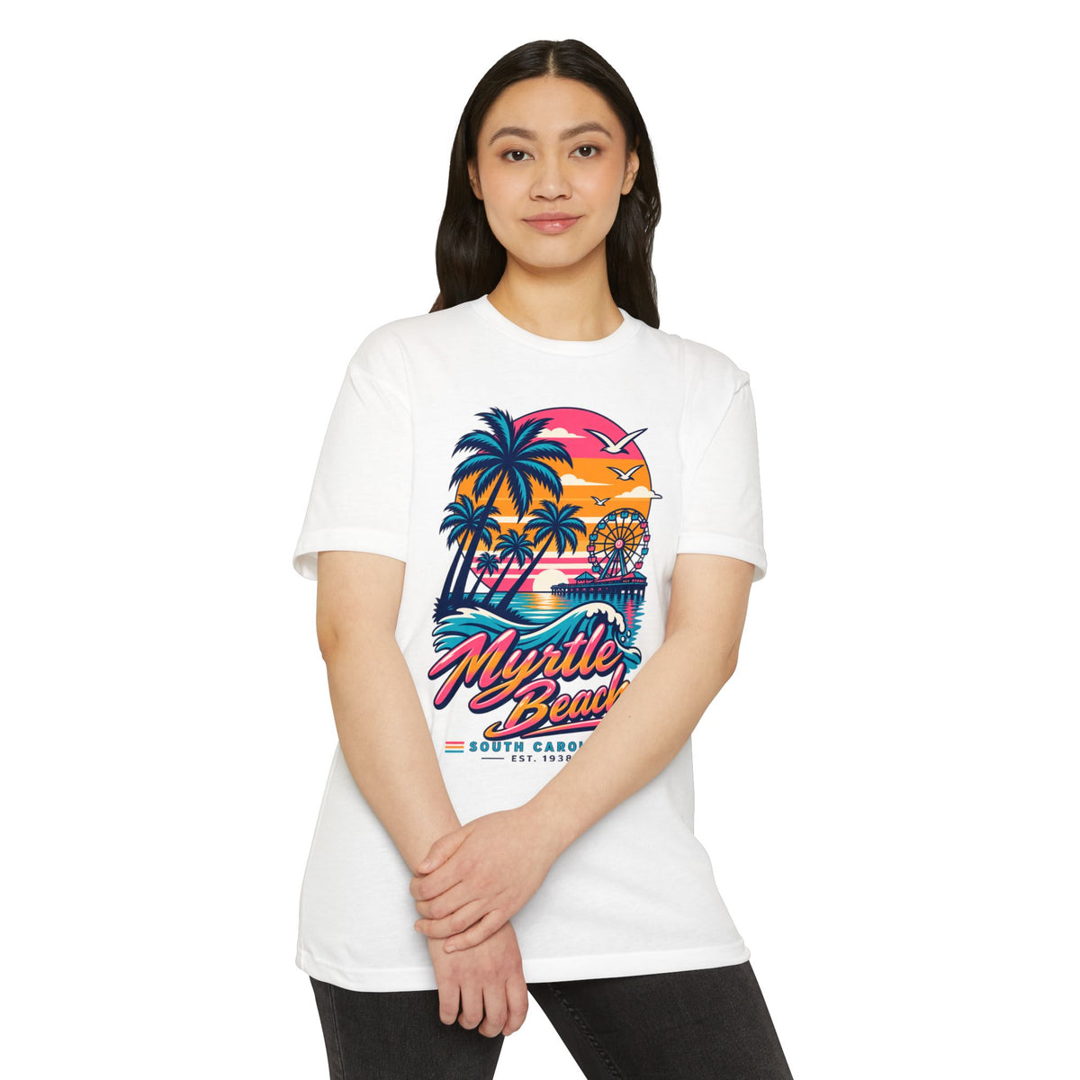 White crew-neck T-shirt with front graphic of palm trees, sunset and Myrtle Beach