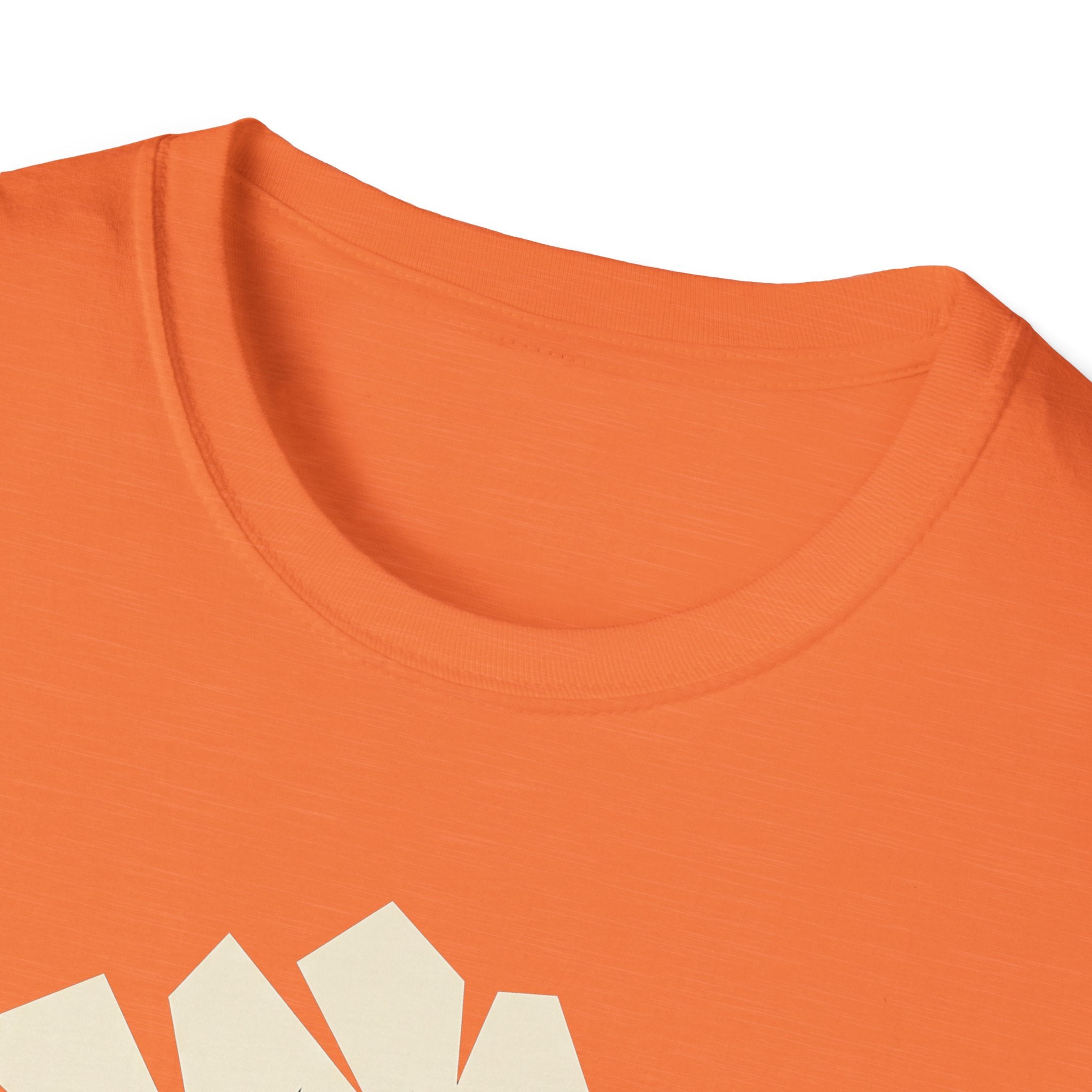 Orange crew-neck T-shirt neckline close-up