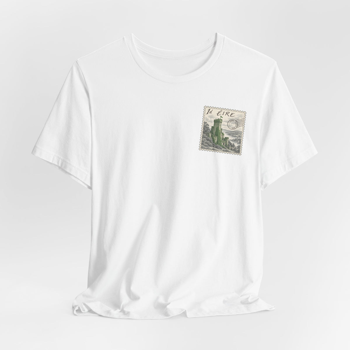 White crewneck t-shirt with small vintage postage stamp graphic on chest