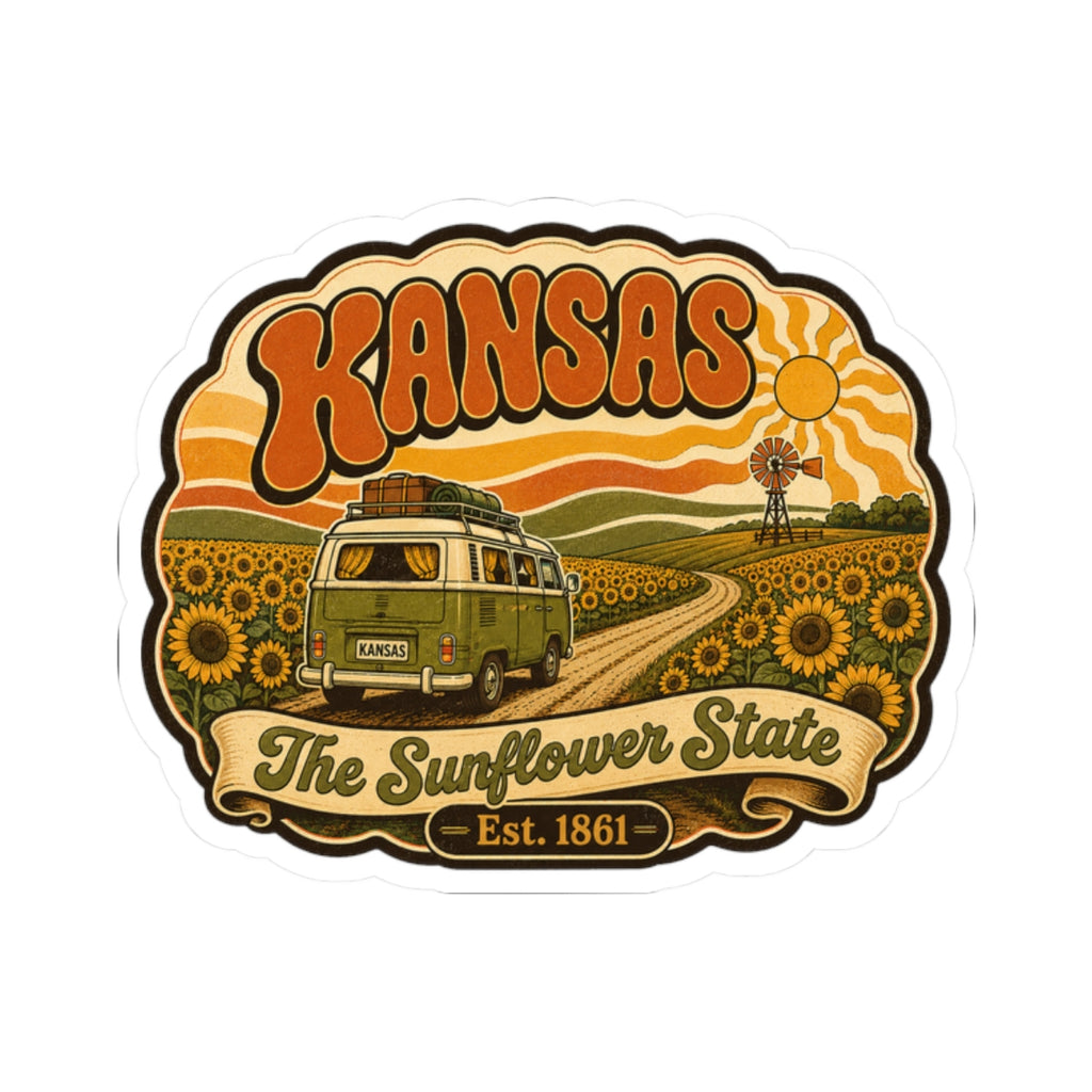 Kansas Sunflower State die-cut sticker with green van, sunflowers, and Est. 1861.