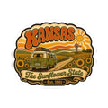 Kansas Sunflower State die-cut sticker with green van, sunflowers, and Est. 1861.