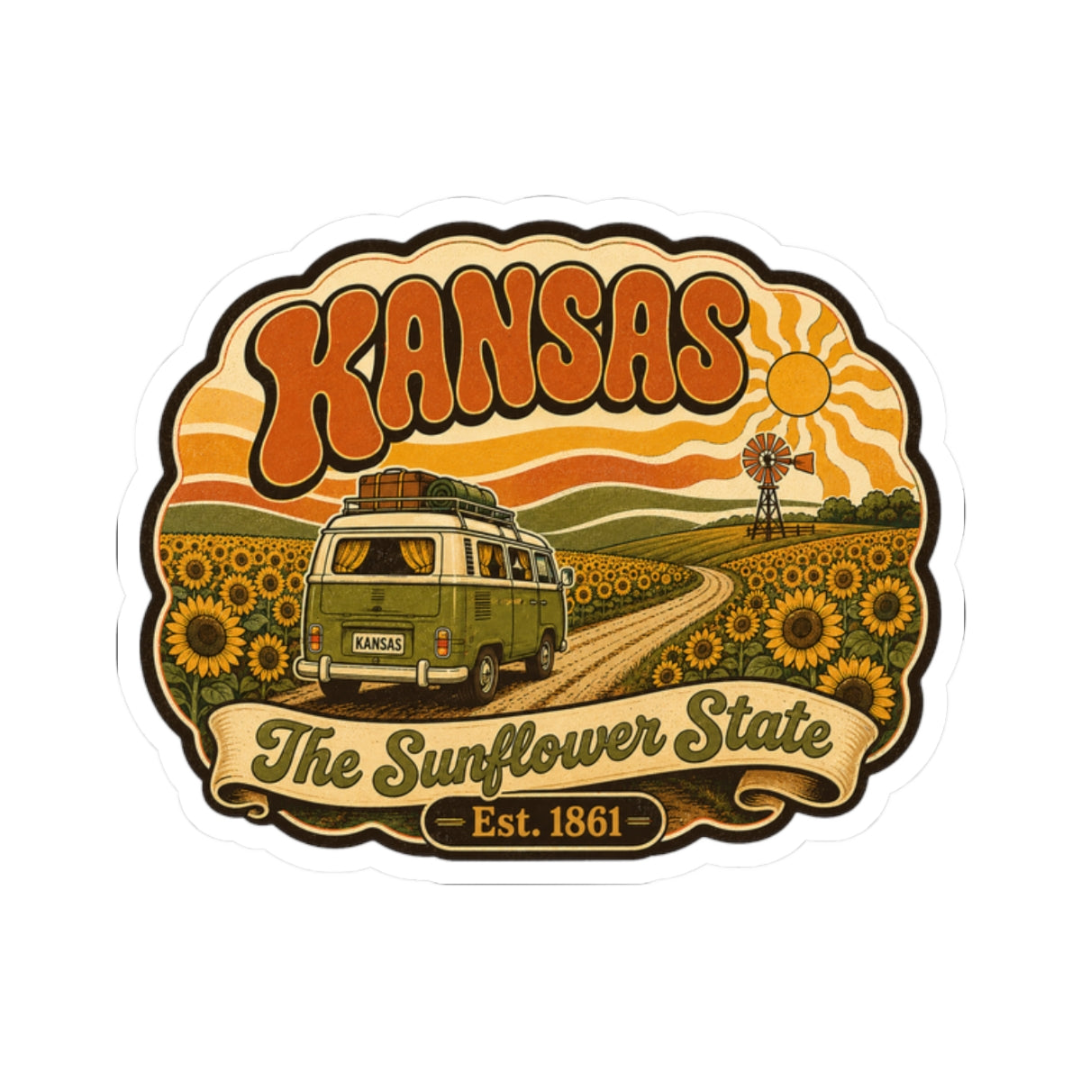 Kansas Sunflower State die-cut sticker with green van, sunflowers, and Est. 1861.