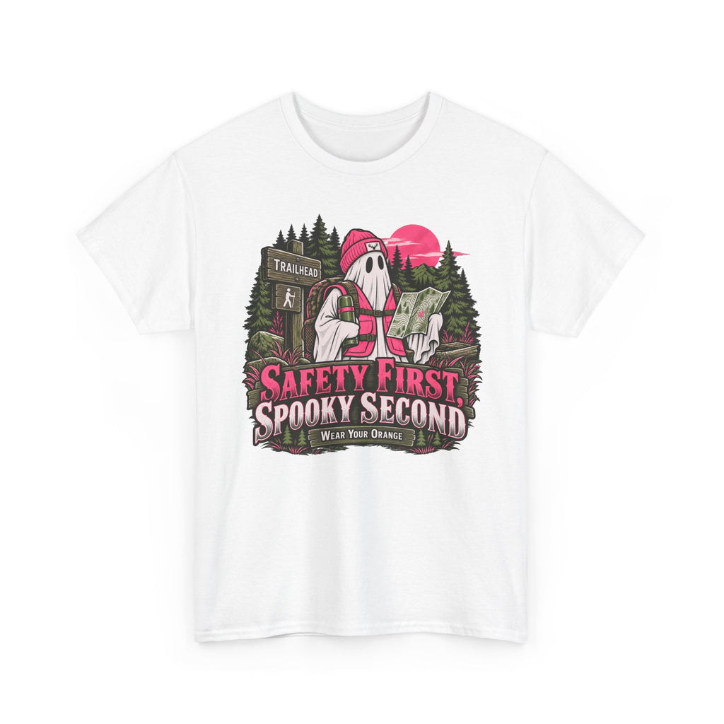 Safety First Spooky Second T-Shirt, Funny Ghost Hiker Halloween Shirt for Men and Women, Camping Trail Graphic Tee