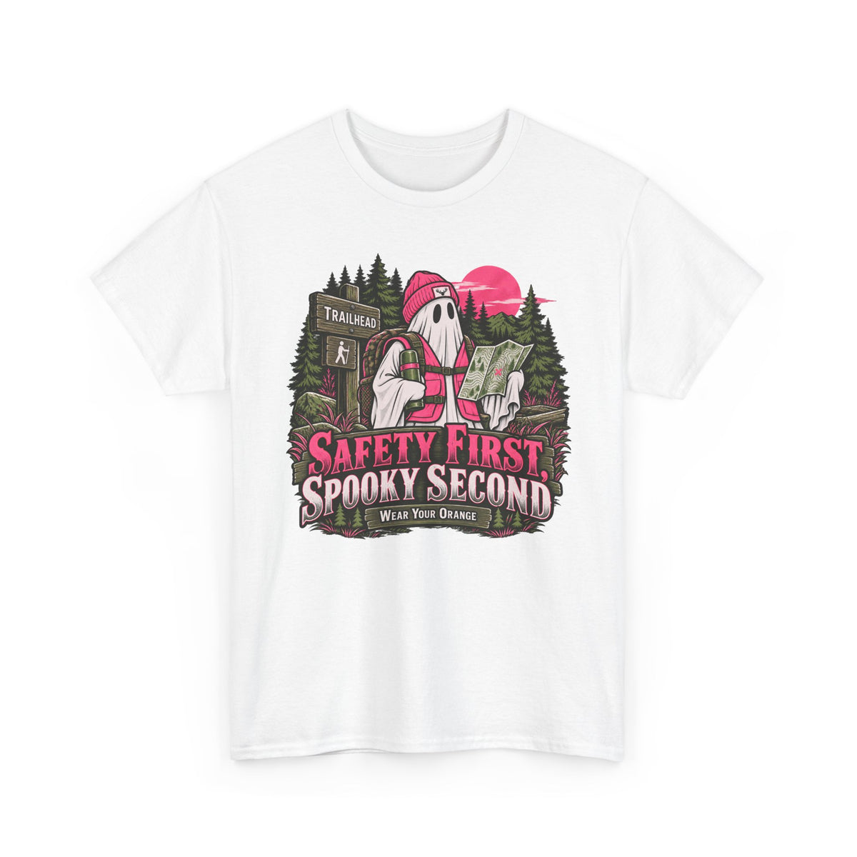 Safety First Spooky Second T-Shirt, Funny Ghost Hiker Halloween Shirt for Men and Women, Camping Trail Graphic Tee