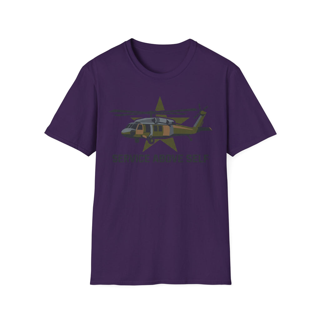 Service Above Self T-shirt in dark purple with helicopter star graphic on chest