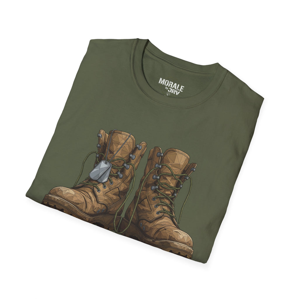 Worn Leather Combat Boots T-Shirt, military green—vintage boot illustration