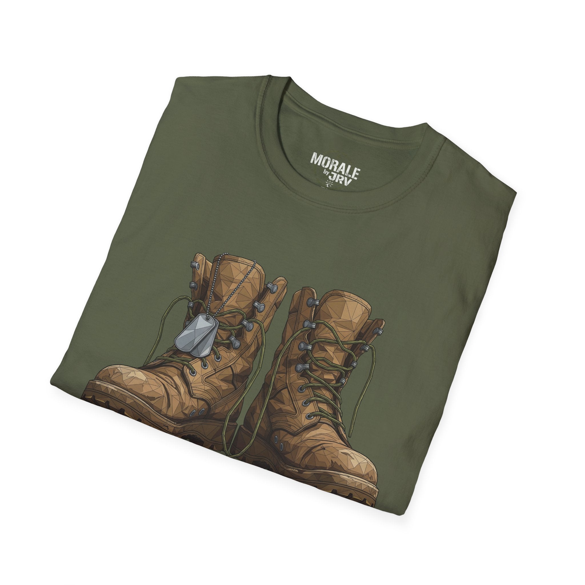 Worn Leather Combat Boots T-Shirt, military green—vintage boot illustration