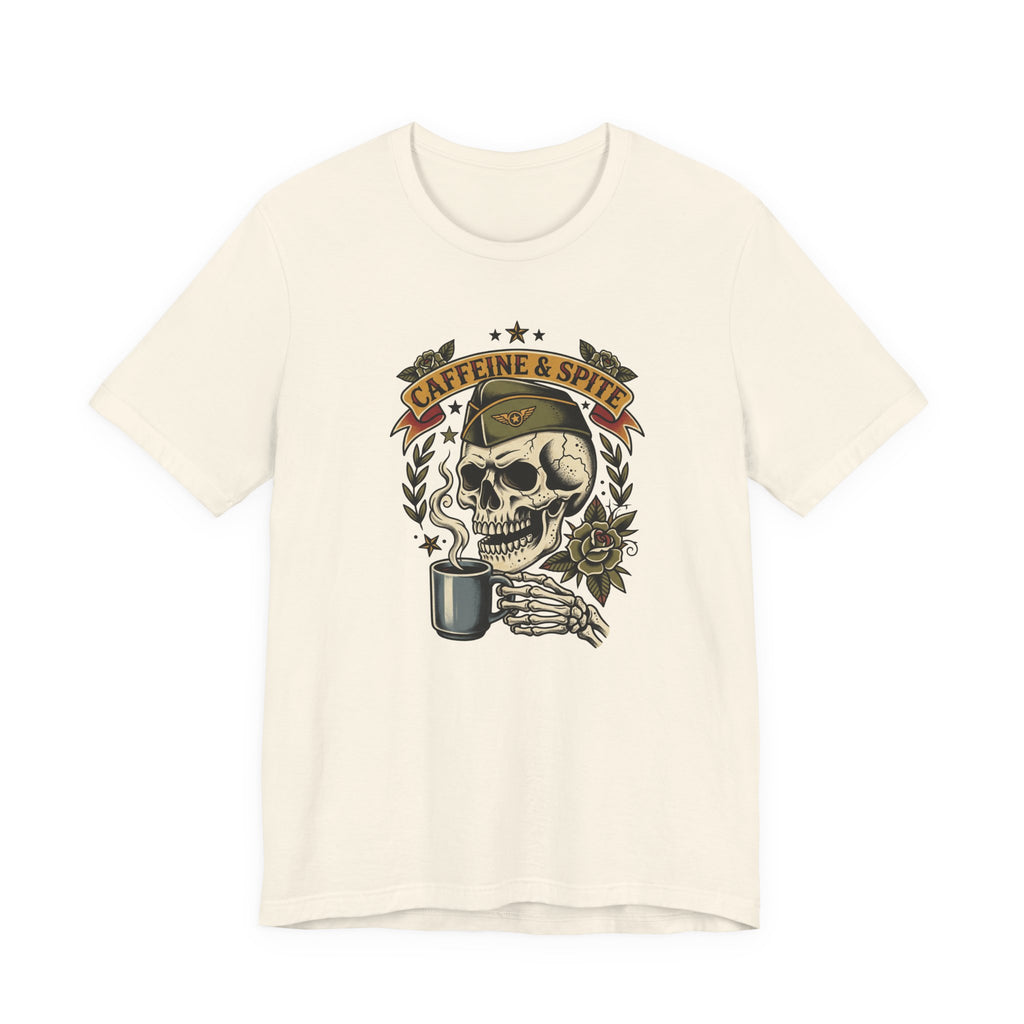 Cream T-shirt with skull holding coffee mug graphic in green and gold