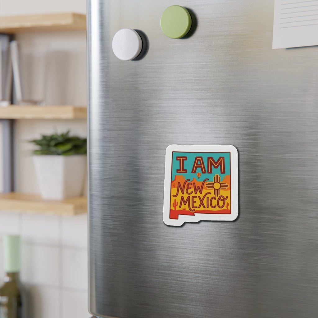 I AM NEW MEXICO Die-Cut Magnet auf Edelstahl-Kühlschrank, schild mit Sonne