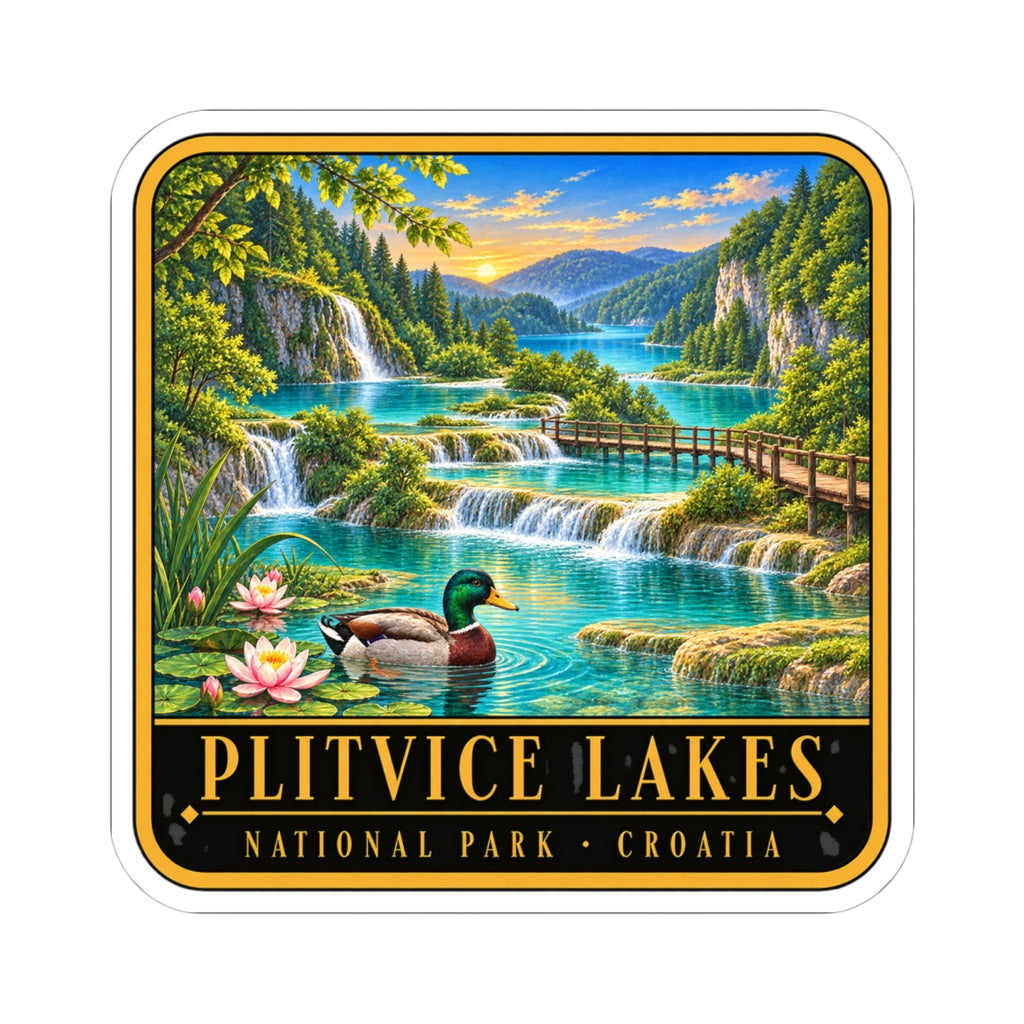 Square sticker with rounded corners featuring a lake waterfall scene, duck, and park text.