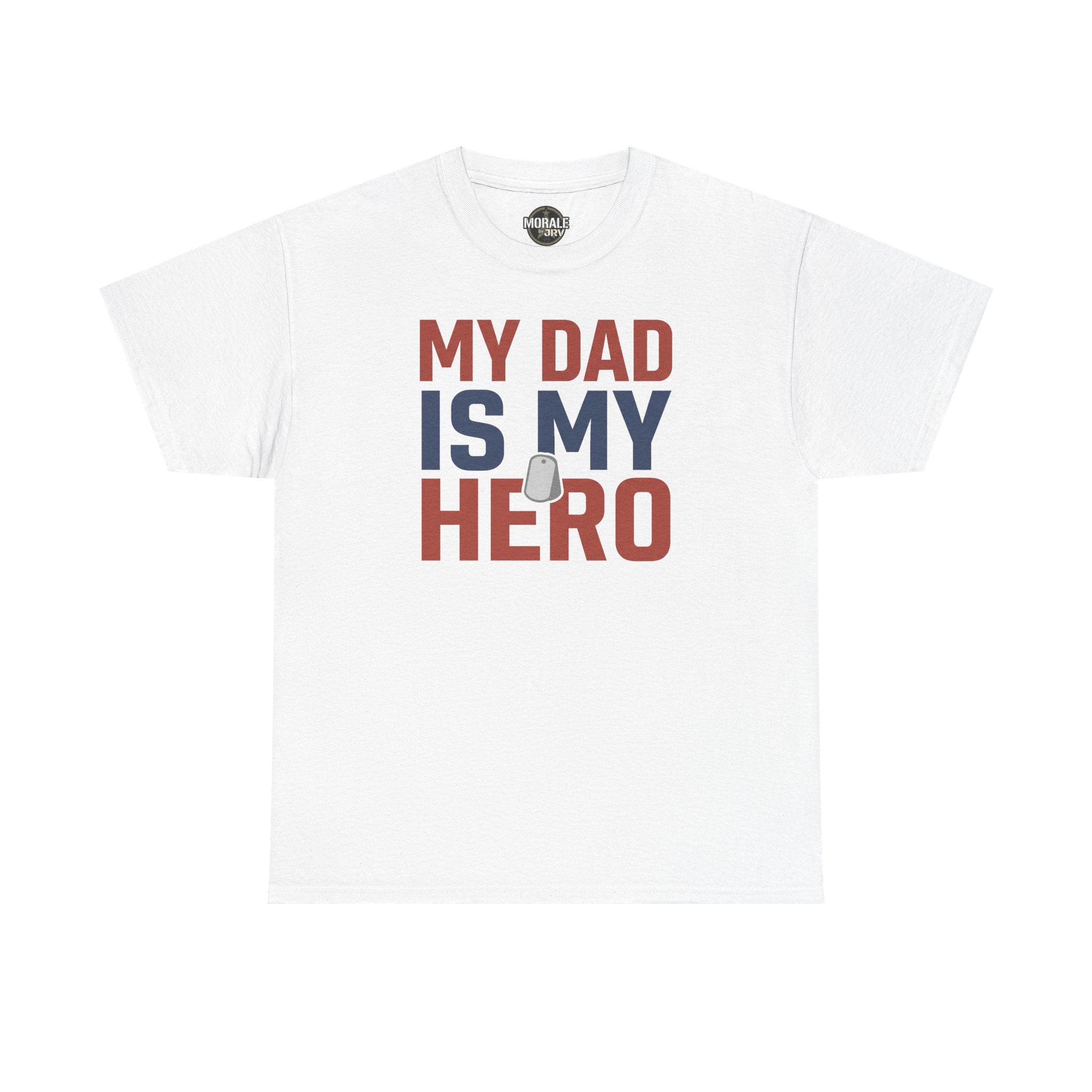 Men's white graphic T-shirt with 'MY DAD IS MY HERO' text and dog tag icon