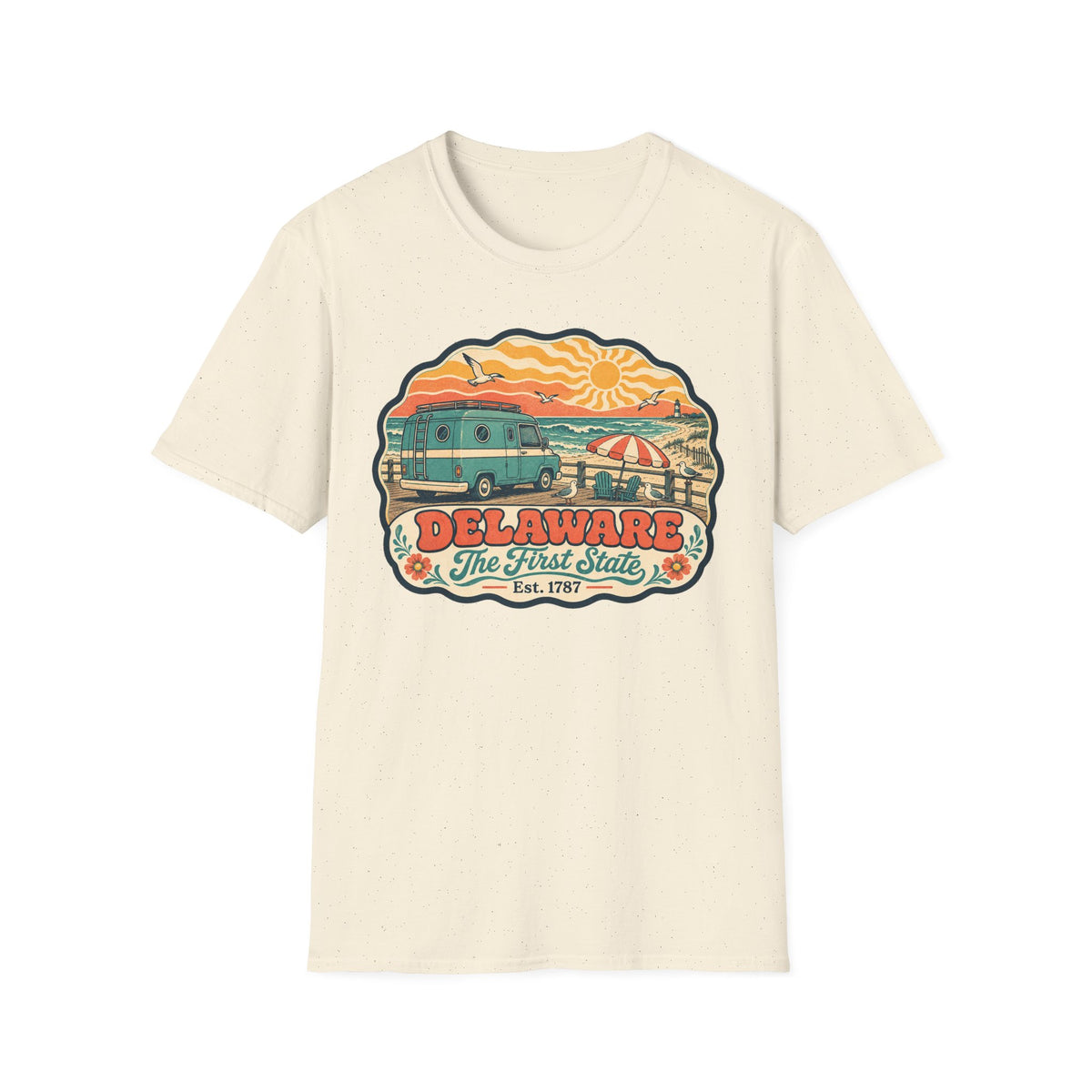Cream unisex graphic T-shirt with Delaware van and beach sunset badge print