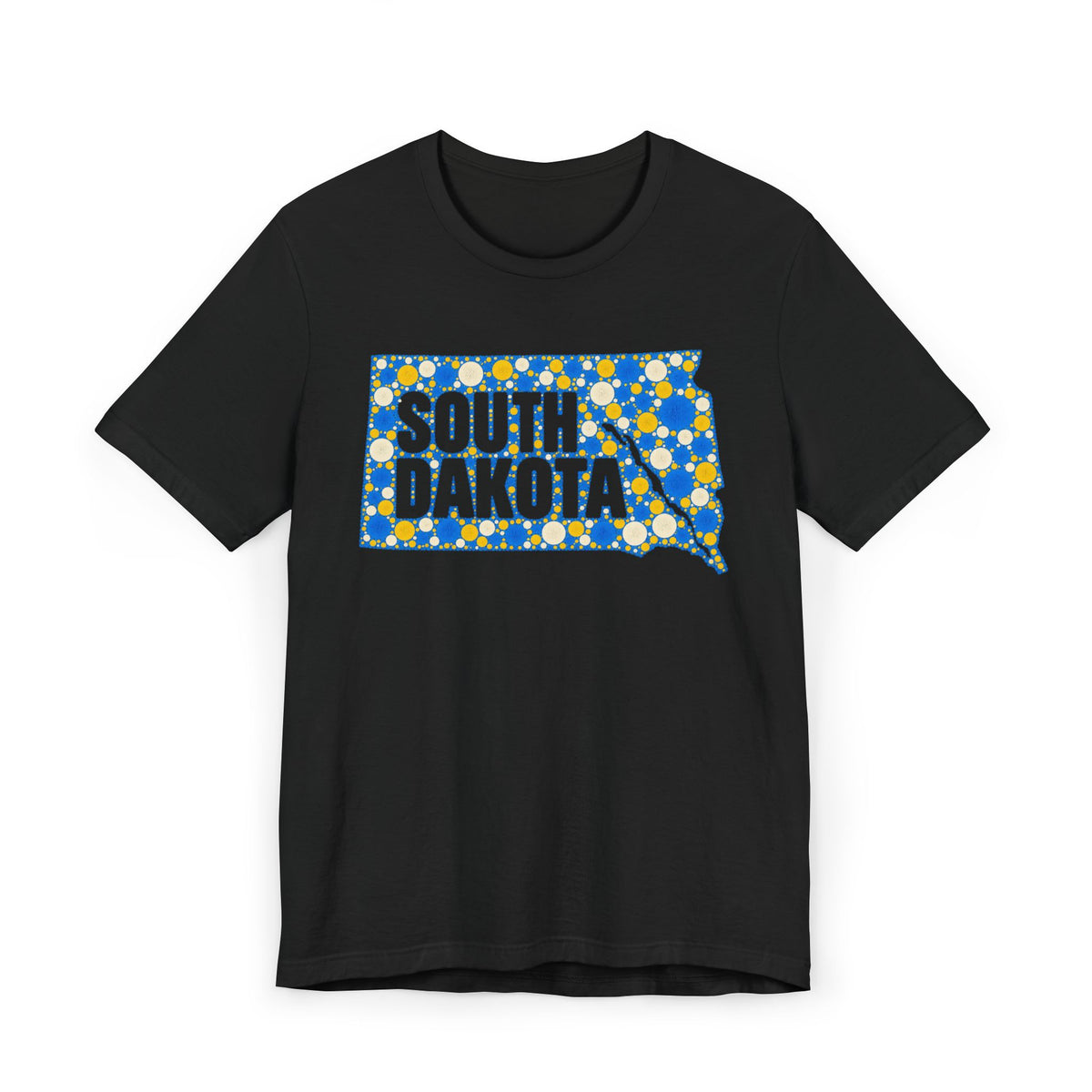 Black crewneck T-shirt with blue and yellow South Dakota map polka-dot graphic.