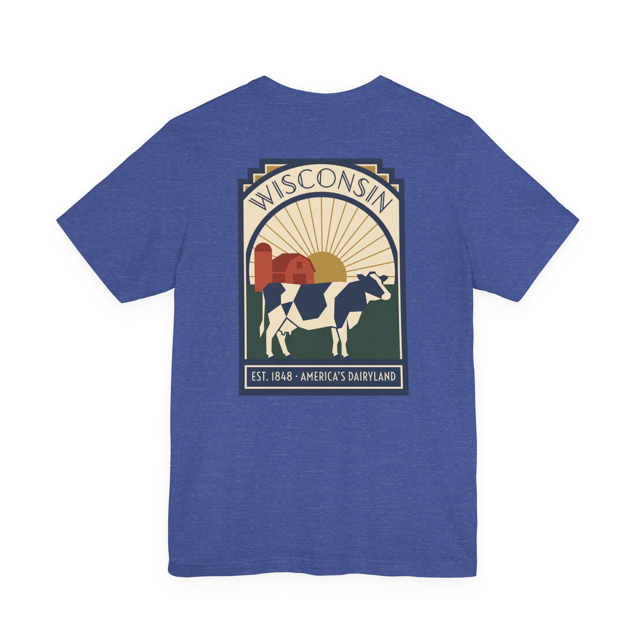 Heather true royal t-shirt with square Wisconsin dairy cow graphic on the front