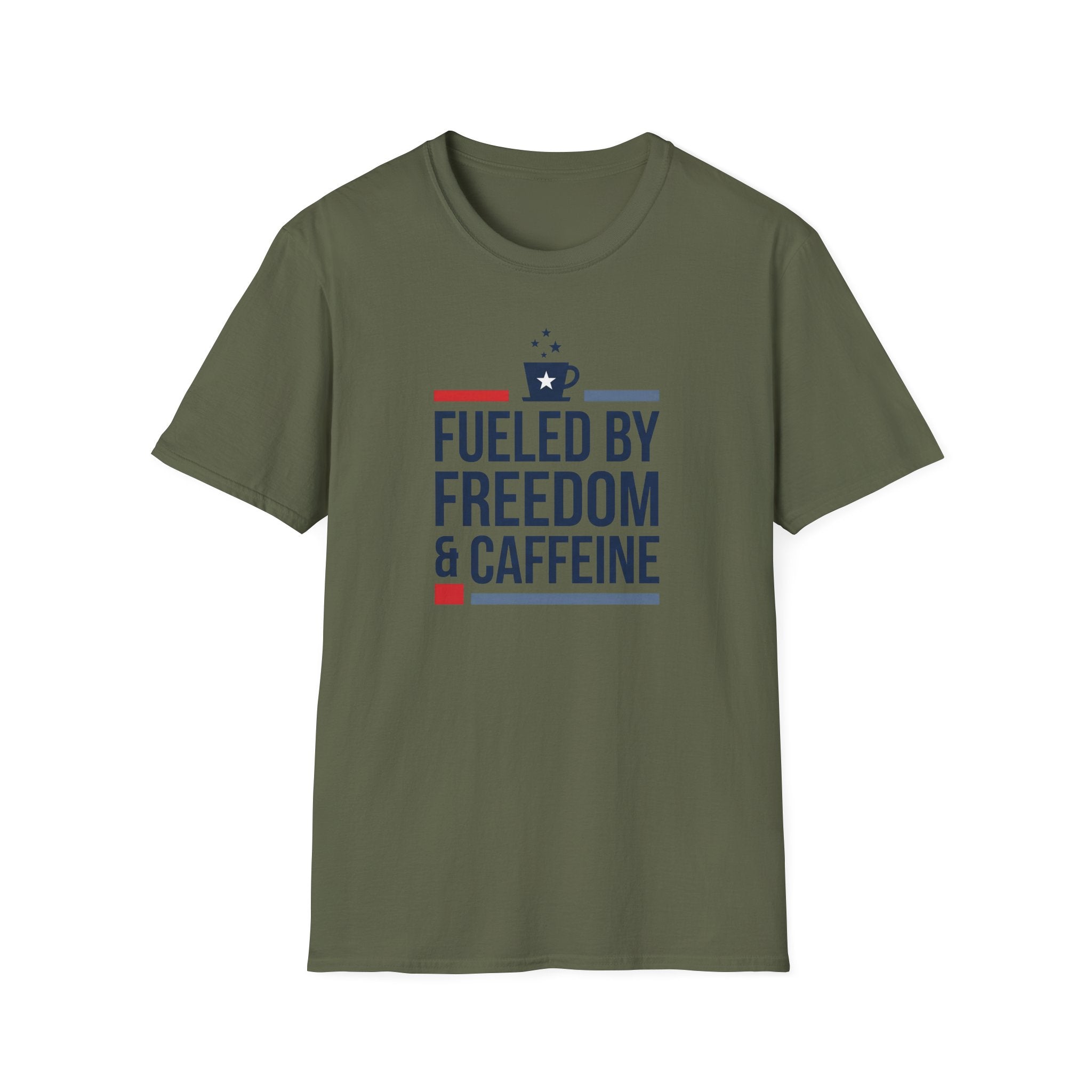 Olive green unisex T-shirt with 'Fueled by Freedom & Caffeine' front print