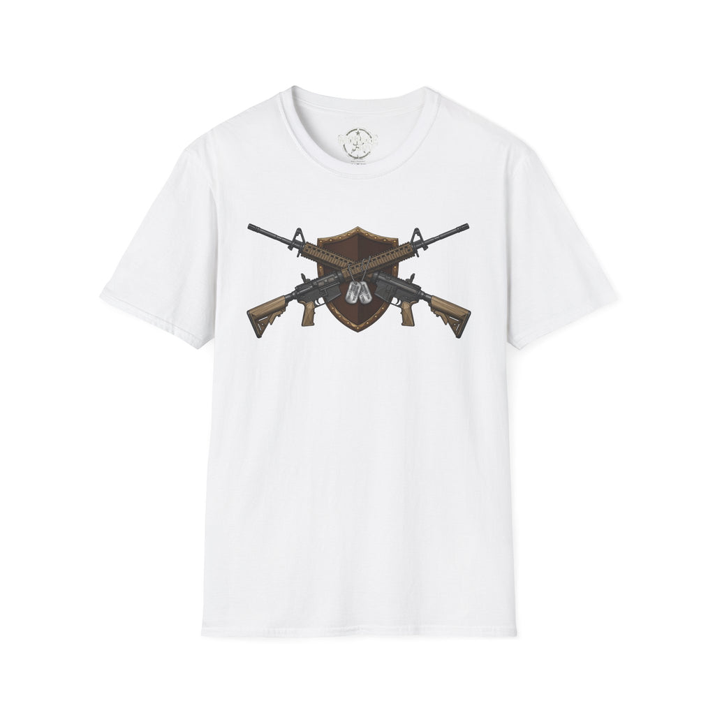 White T-shirt with crossed rifles shield emblem graphic across the chest