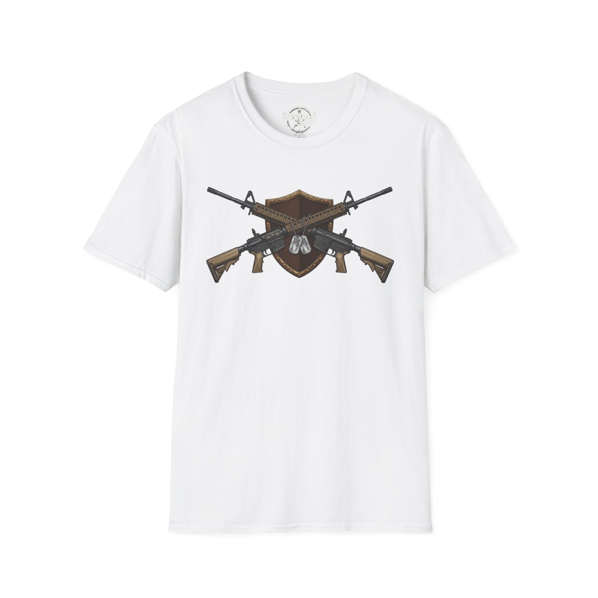 White T-shirt with crossed rifles shield emblem graphic across the chest