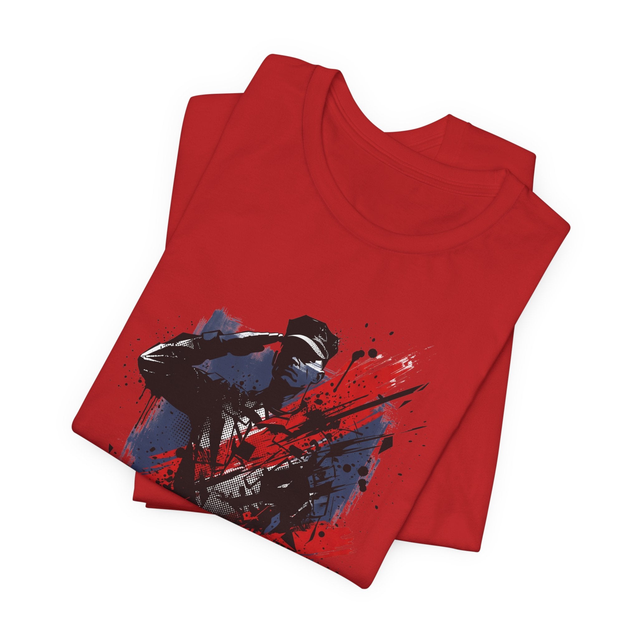 Red crewneck T-shirt with blue and red soldier silhouette graphic