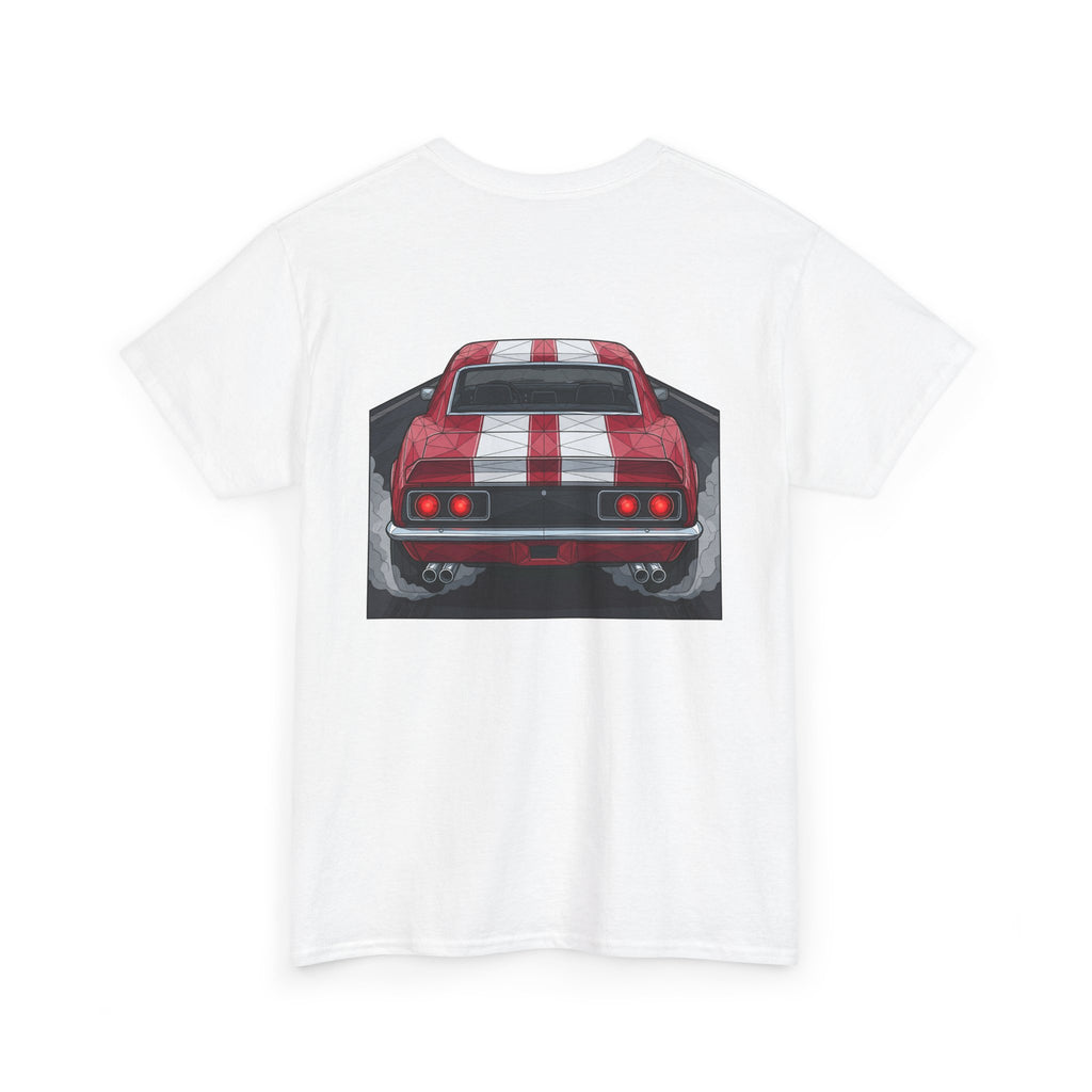 White crew-neck tee with red vintage car rear graphic centered on the back