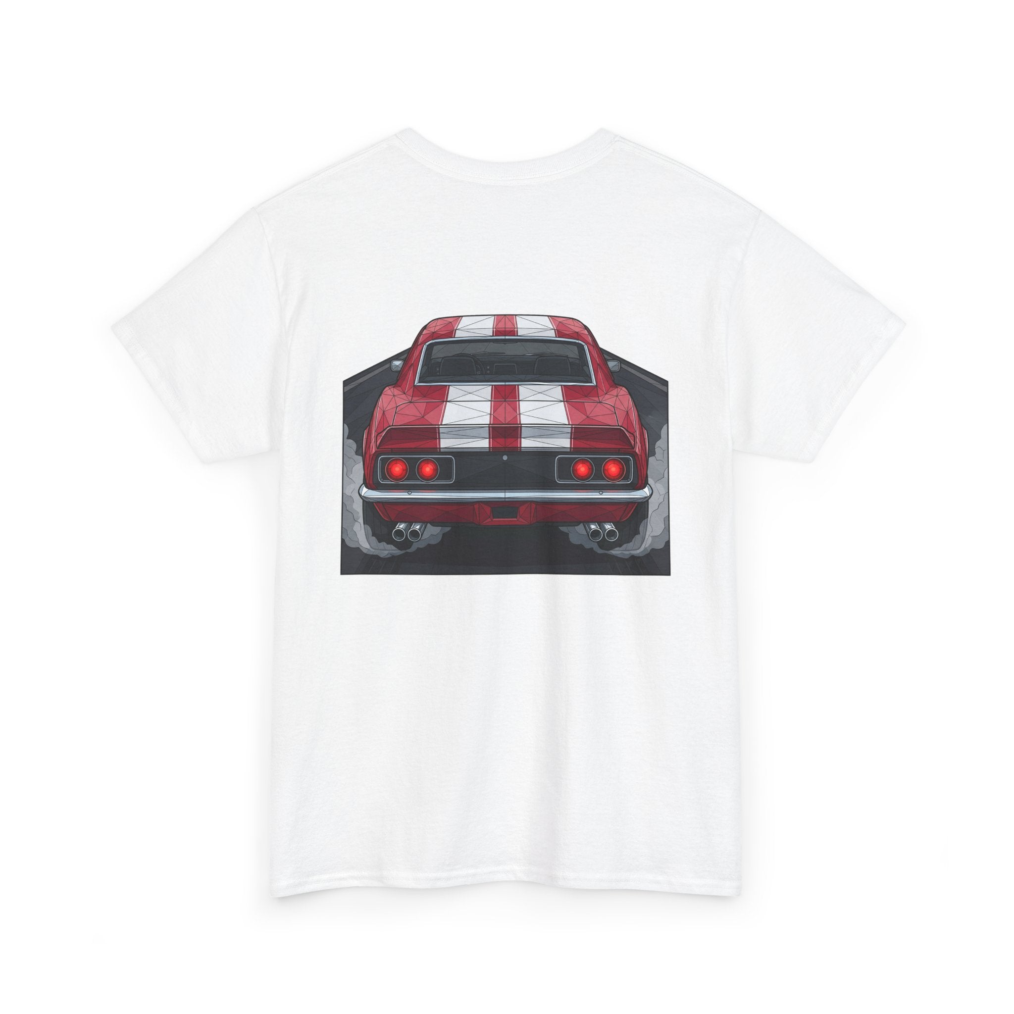 White crew-neck tee with red vintage car rear graphic centered on the back