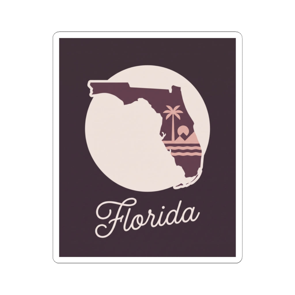 Florida silhouette vinyl decal sticker, mauve background, white circular shape and 'Florida' script