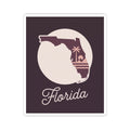 Florida silhouette vinyl decal sticker, mauve background, white circular shape and 'Florida' script