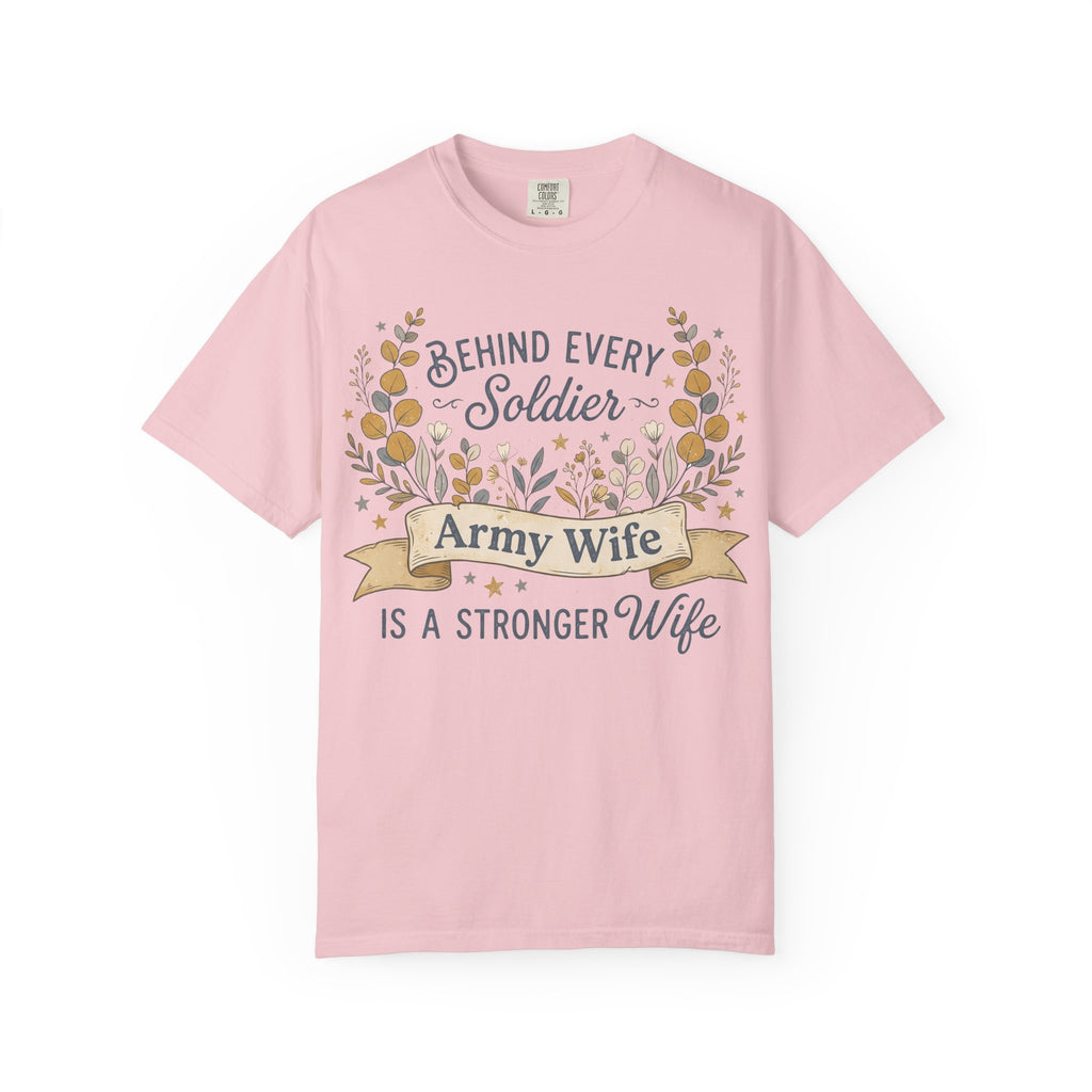 Pink T-shirt with floral wreath graphic and 'Army Wife' text on front
