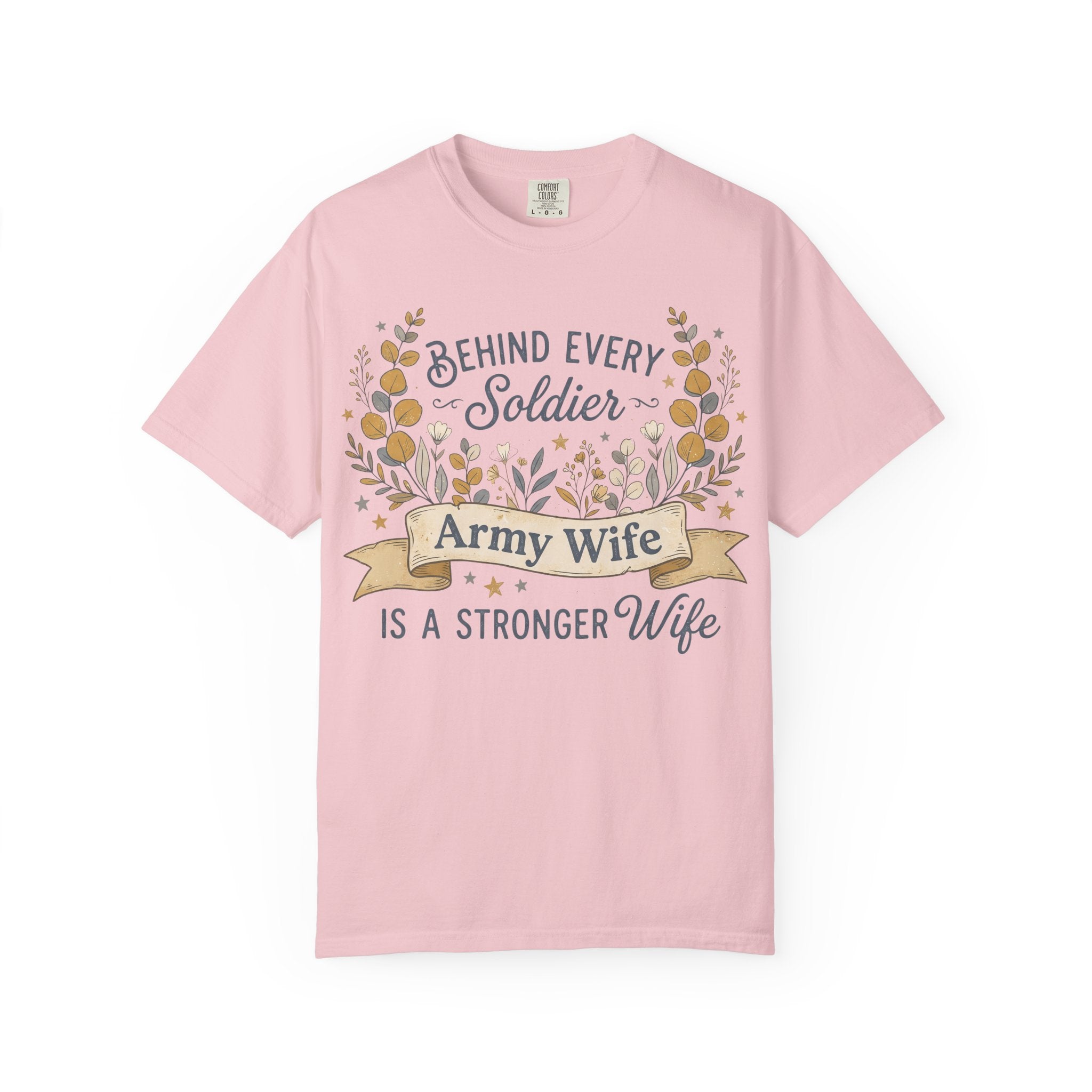 Pink T-shirt with floral wreath graphic and 'Army Wife' text on front