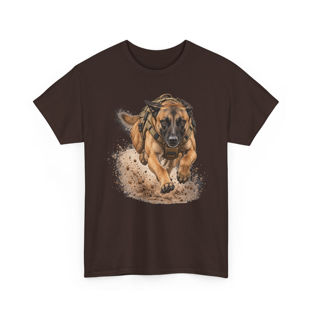 Dark brown graphic dog t-shirt with running Belgian Malinois print on chest