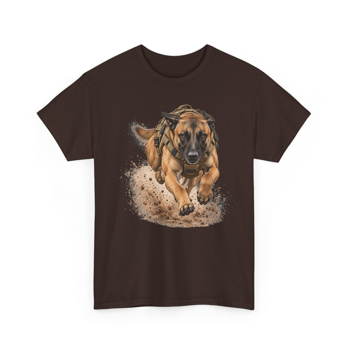 Dark brown graphic dog t-shirt with running Belgian Malinois print on chest