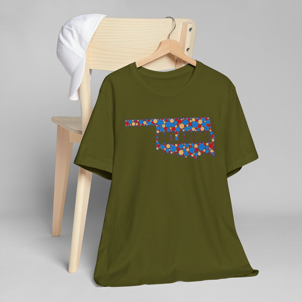 Oklahoma floral map graphic T-shirt, olive green with colorful Oklahoma outline