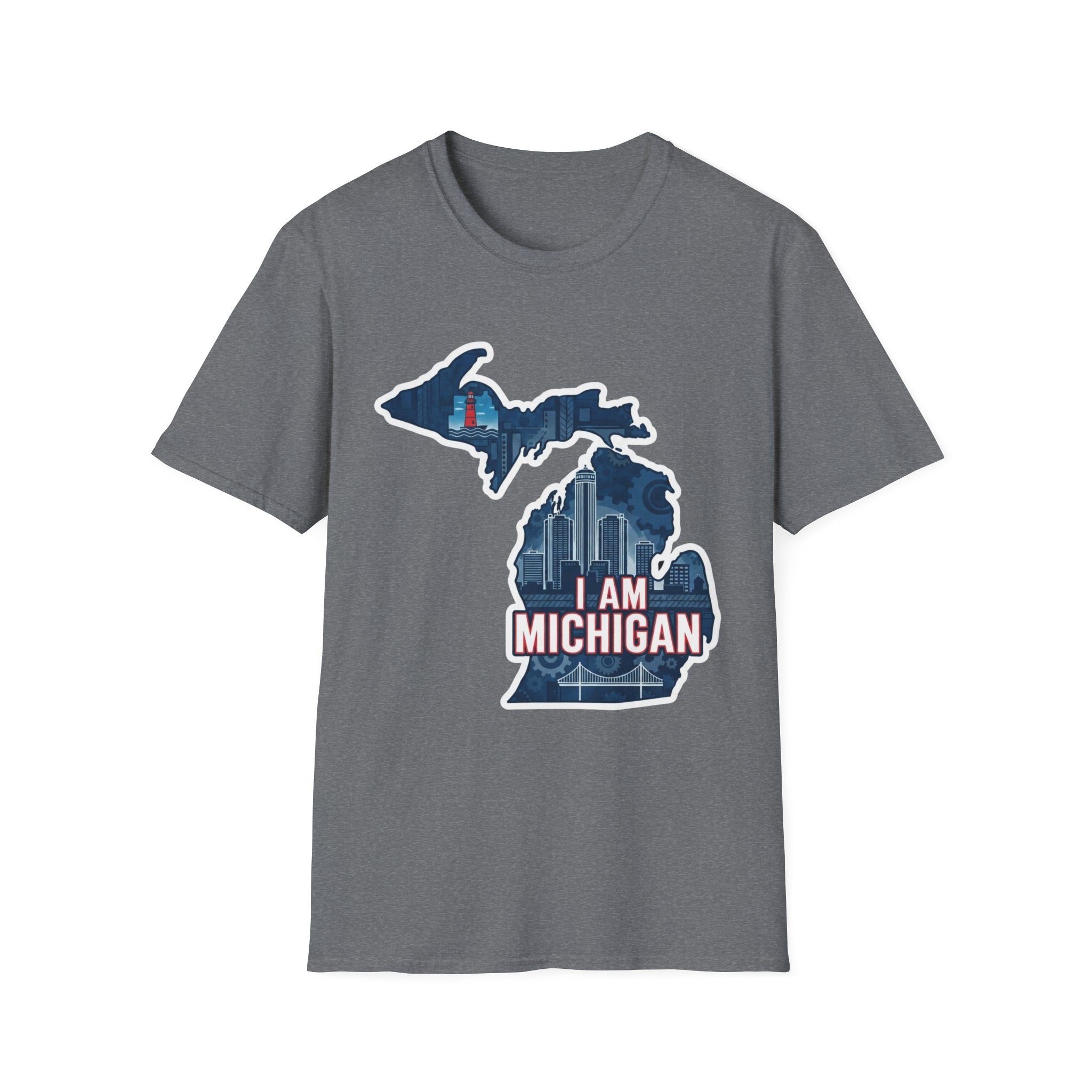 I Am Michigan T-shirt, heather grey crew neck with Michigan map skyline graphic