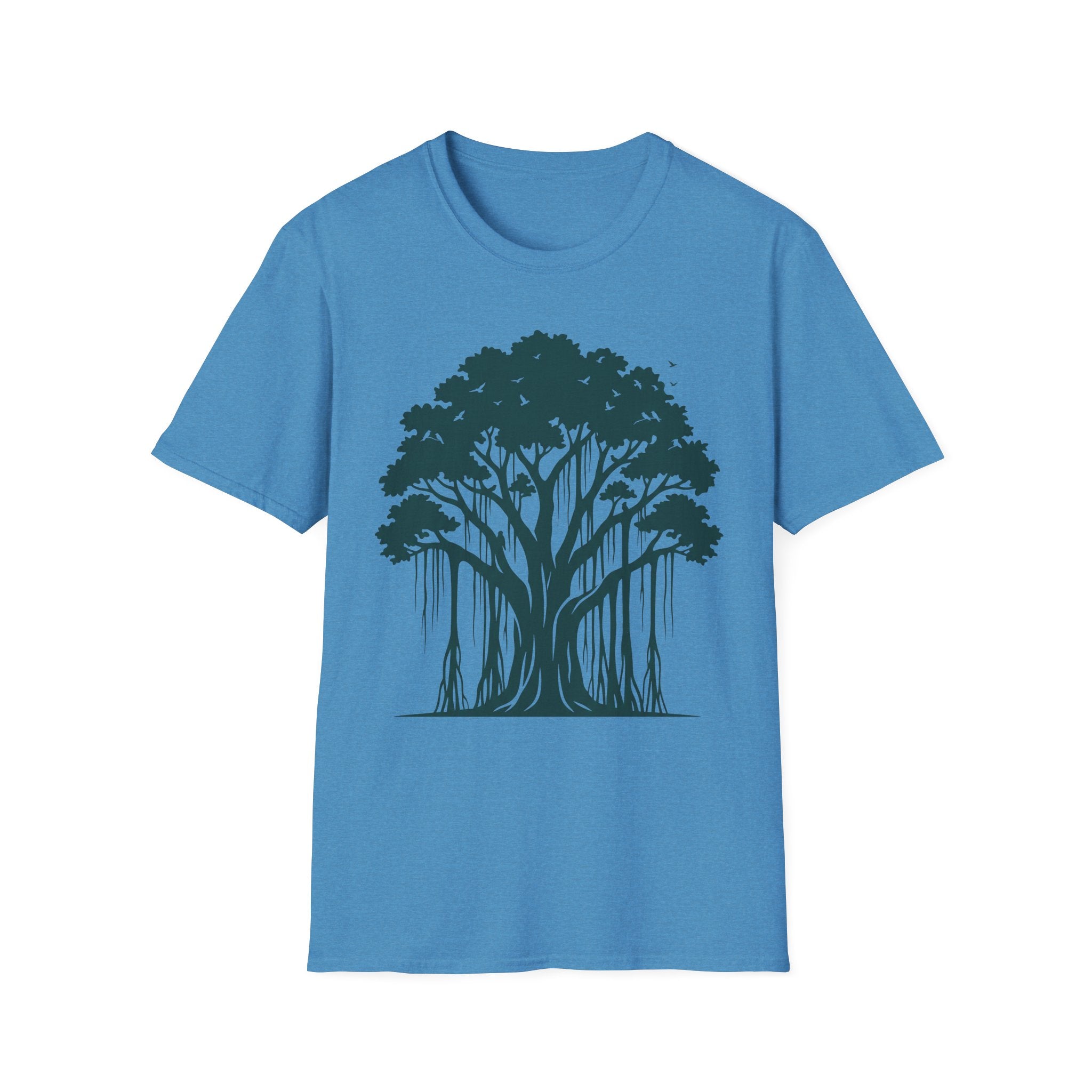 T-Shirt mit Banyan-Baum-Motiv, hellblauer Stoff, Frontprint eines Baums mit Wurzelstrukturen