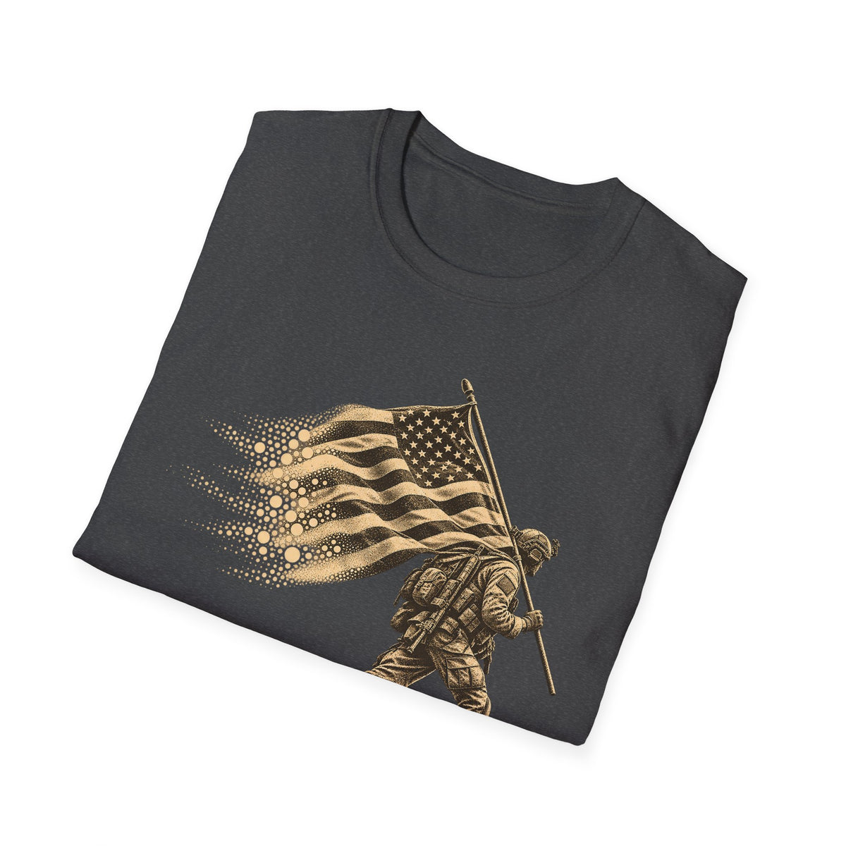 Charcoal gray crew-neck T-shirt with gold patriotic soldier holding an American flag graphic