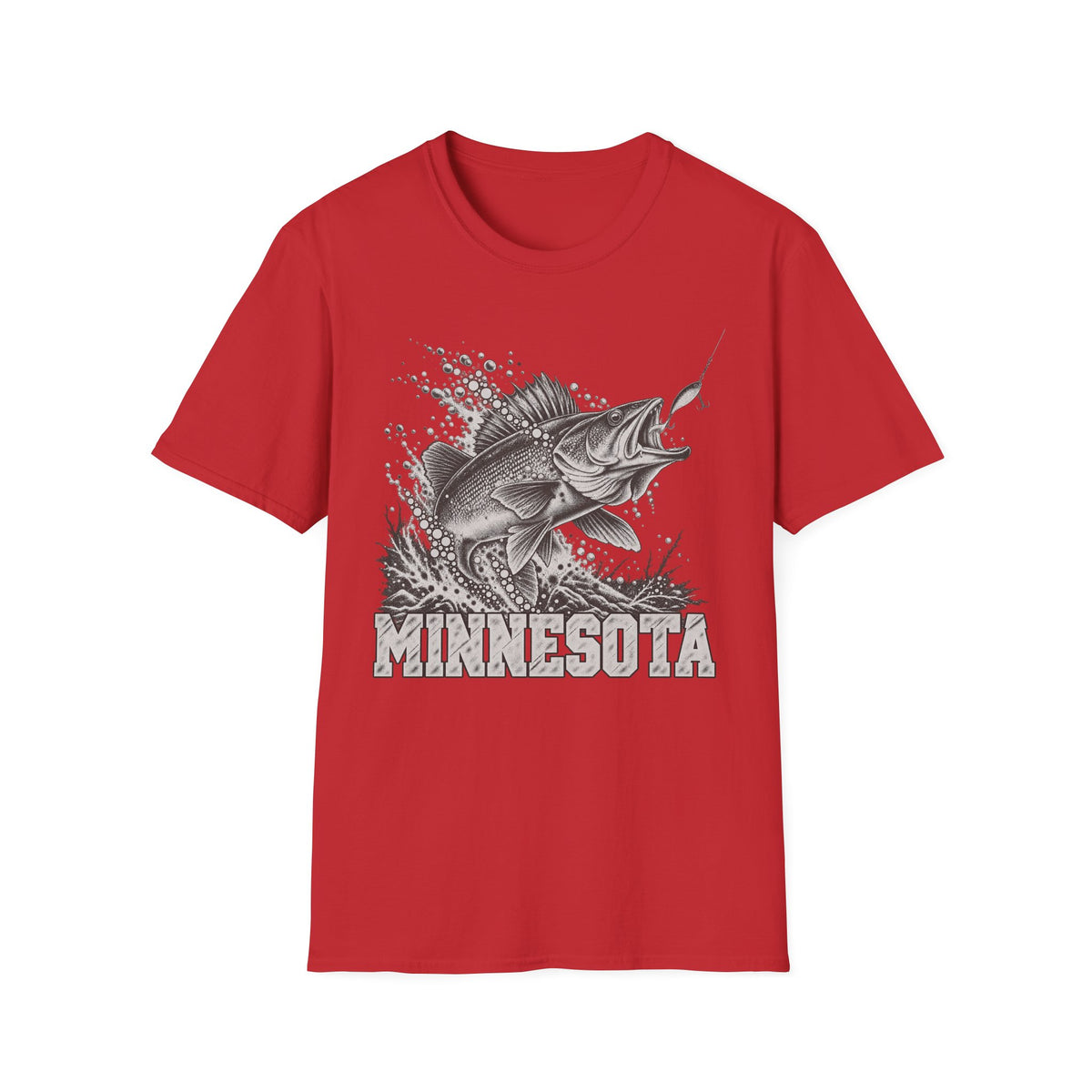 Red t-shirt with leaping walleye graphic and MINNESOTA text