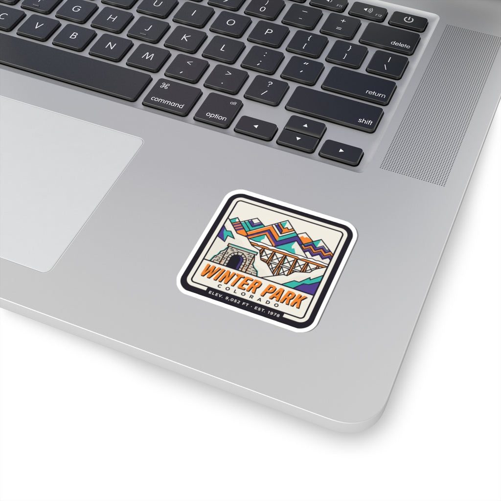 Winter Park Colorado sticker with retro ski mountain and train tunnel graphic, white border
