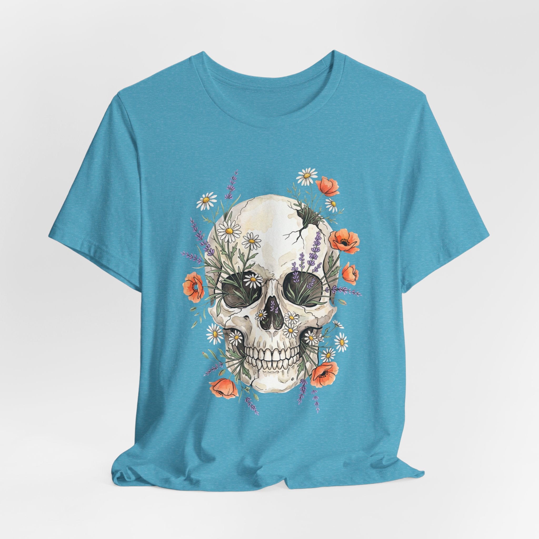 Floral skull T-shirt in heather aqua, front skull with flowers and poppies graphic