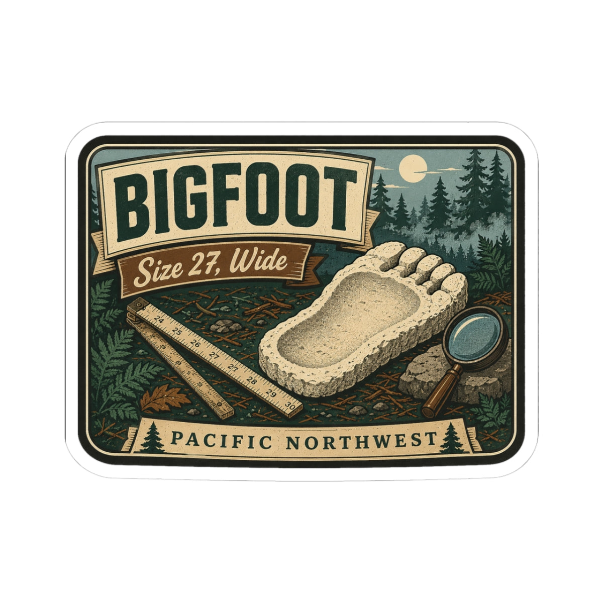 Bigfoot footprint sticker with retro camping design, ruler and magnifying glass, pine trees