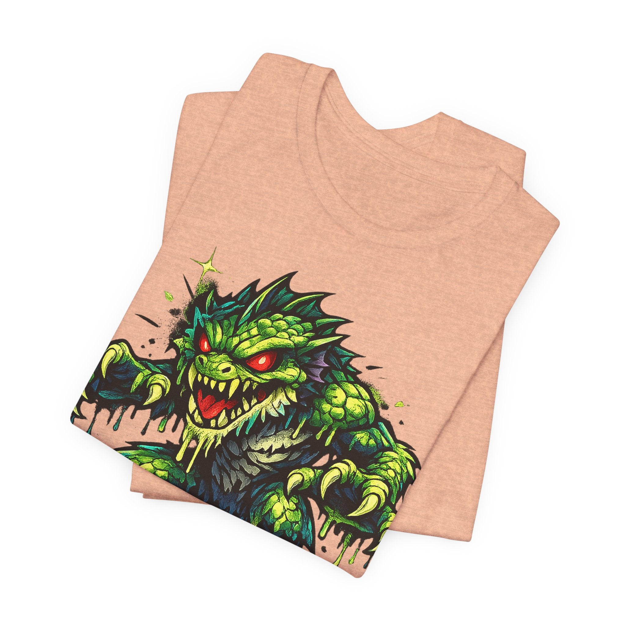 Peach t-shirt set with green swamp monster illustration, short-sleeve crew neck