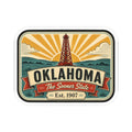 Oklahoma retro oil derrick vinyl sticker with sunburst and 'The Sooner State' banner
