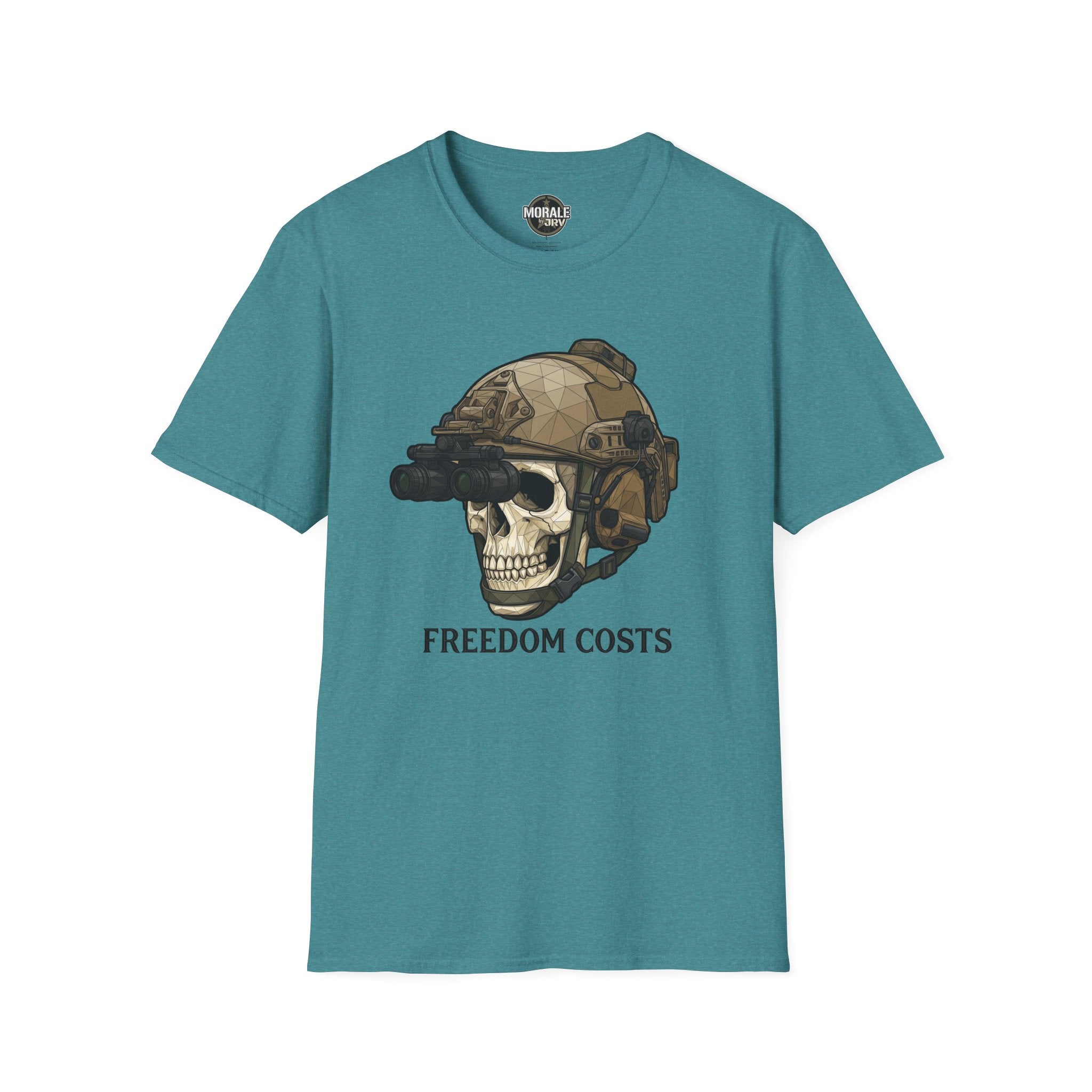 Freedom Costs skull tactical helmet graphic T-shirt, teal blue with NVG goggles