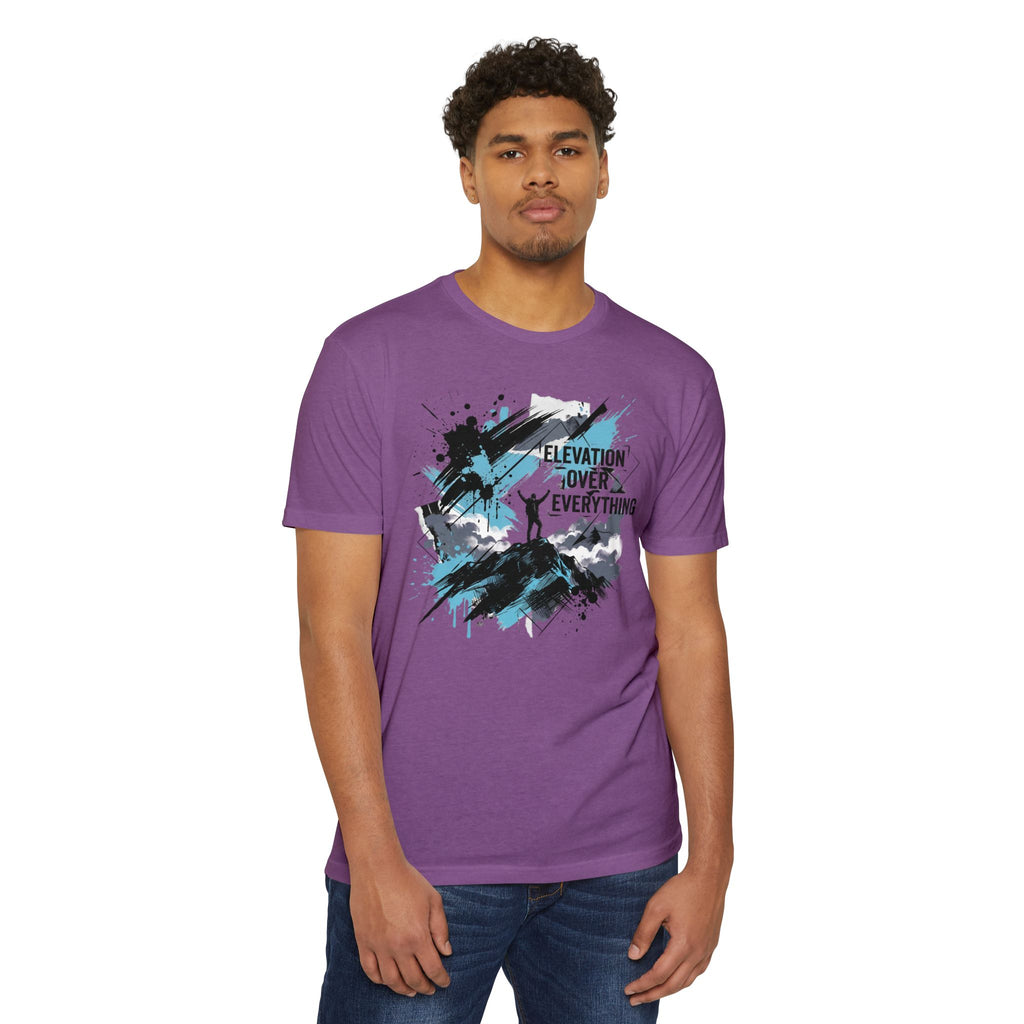 Purple crewneck T-shirt with mountain-style elevation graphic across chest.