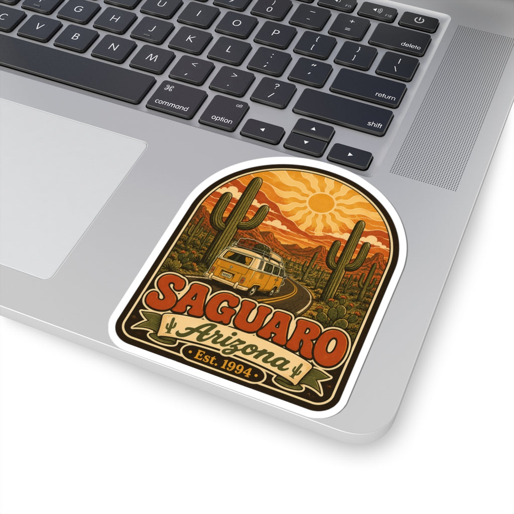 Saguaro Arizona kiss-cut sticker on laptop keyboard, desert cacti and Est. 1994 text
